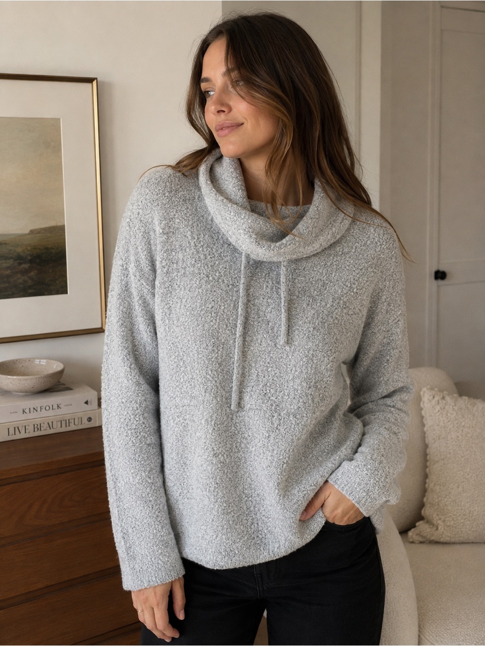 Frank And Oak Bouclé Cowl Neck Sweater Gray Cozy Soft Large Minimalist Lounge